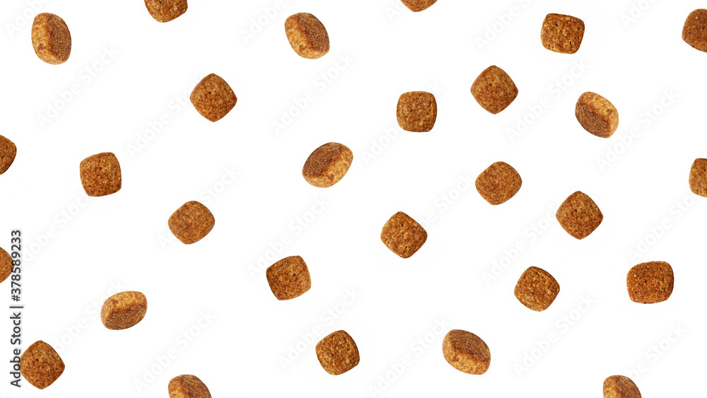 Dog food flying around poured in different directions on a white background. Dog food flying around poured in different directions on a white background.