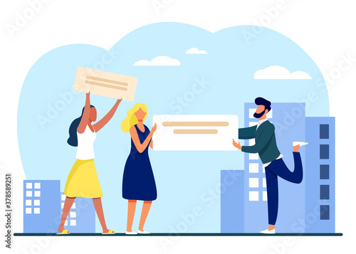 Protesters and activists with placards. People holding and showing empty banners flat vector illustration. Protest meeting, social movement concept for banner, website design or landing web page