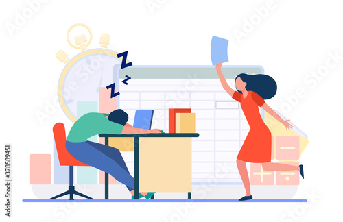 Lazy office worker. Man sleeping at workplace, colleague with paper running to him flat vector illustration. Burnout, fatigue, tired employee concept for banner, website design or landing web page