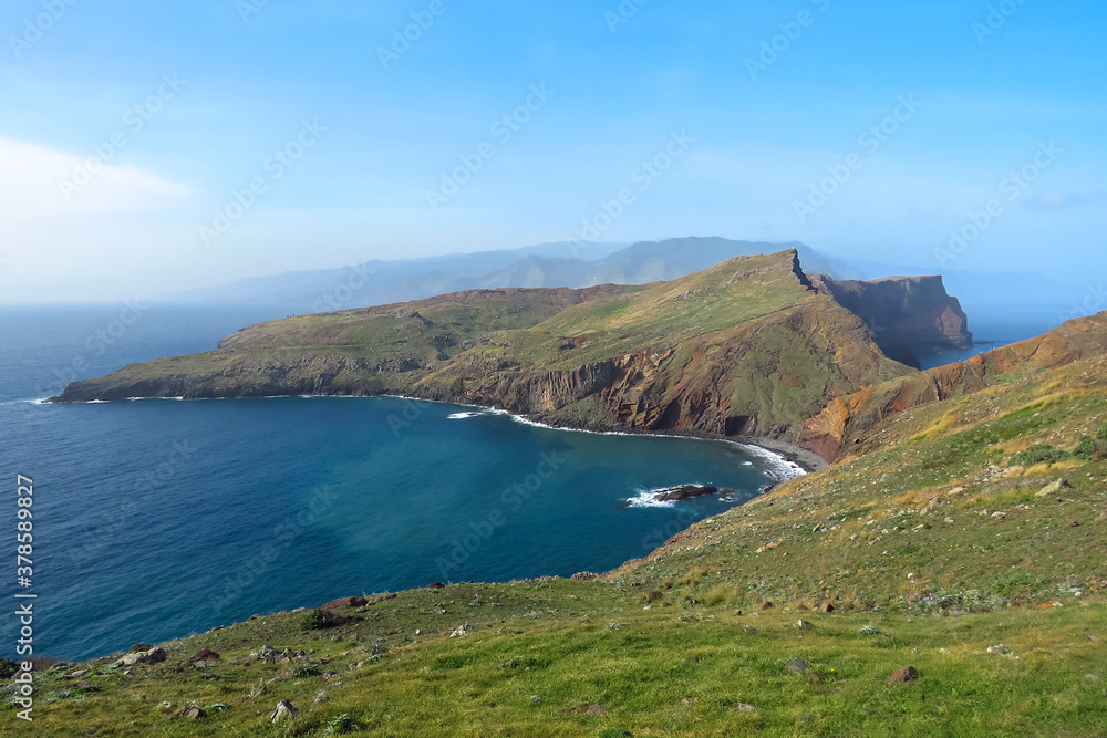 Green mountain and ocean landscape at Sao Lourenco peninsula (Ponta de São Lourenço), Madeira Island, Portugal, Europe