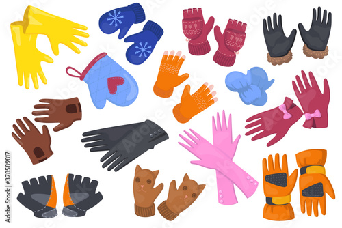 Different gloves flat illustration set. Cartoon protective pair of mittens, mitts for hands on white background isolated vector illustration collection. Winter accessories and design concept
