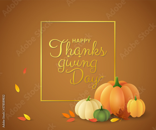 Happy Thanksgiving day beautiful greeting card with autumn leaves and vector pumpkins