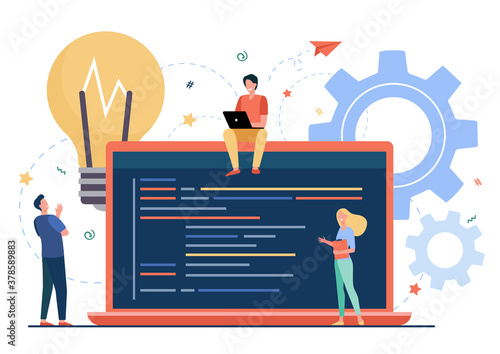 Tiny programmers coding new project isolated flat vector illustration. Cartoon coders, developers and computer engineers sitting on big laptop with script. Software and digital technology concept