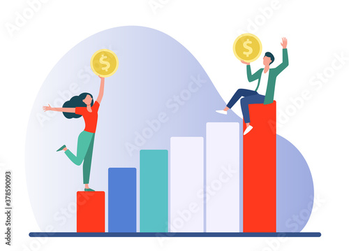 Businesspeople holding coin and increasing profit. Growth, money, success flat vector illustration. Finance and business concept for banner, website design or landing web page