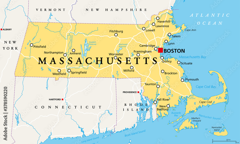 Massachusetts, political map with capital Boston. Commonwealth of Massachusetts, MA. Most populous state in the New England region of the United States. The Bay State. English. Illustration. Vector.