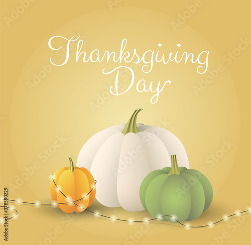 Thanksgiving day greeting card design with white, yellow and green pumpkins and garland. - Vector illustration