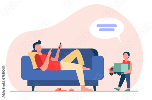 Father lying on sofa and listening son with toy. Child, truck, speech bubble flat vector illustration. Communication and parenthood concept for banner, website design or landing web page