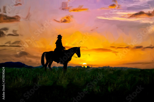 Oil painting of Cowboy at dawn