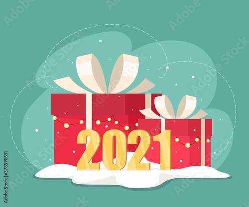 Happy 2021. Holiday gift boxes. Vector illustration in flat style.