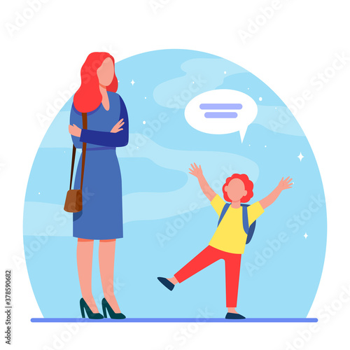 Mom with folded hands listening kid. Child, speech bubble, conversation flat vector illustration. Communication and parenthood concept for banner, website design or landing web page © PCH.Vector