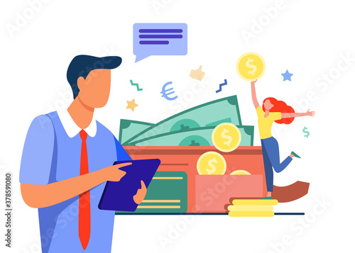 Man with clipboard looking at happy woman holding big coin. Wallet, cash, money flat vector illustration. Finance and wealth concept for banner, website design or landing web page