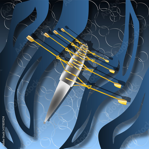 Gold and silver rowing boat with waves and bubbles in the background. Vector illustration