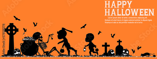 A boy is scaring the skeleton for some candy in the Halloween night.There are 2 unique layers , black and white on orange background.