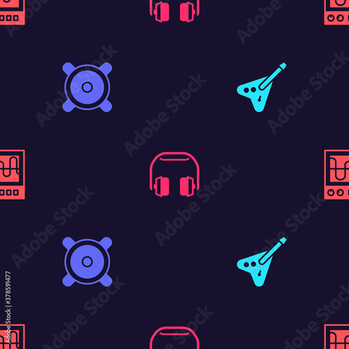 Set Electric bass guitar, Stereo speaker, Headphones and Oscilloscope on seamless pattern. Vector.