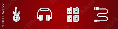 Set Electric bass guitar, Headphones, Music file document and Audio jack icon. Vector.