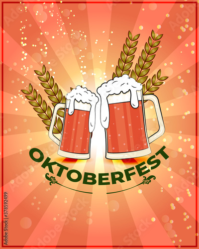 Vector greeting of oktoberfest festival, two beer mugs with wheat, party beer glasses, celebration, fest, october feastival vintage style vector illustration. photo