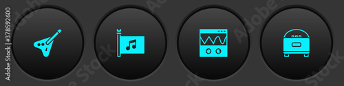 Set Electric bass guitar, Music festival flag, Oscilloscope and Stereo speaker icon. Vector.