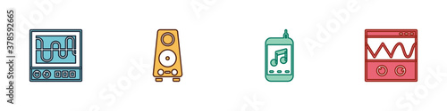 Set Oscilloscope, Stereo speaker, Music player and icon. Vector.