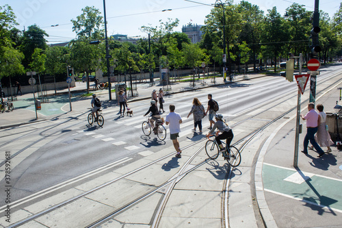 Streets of Vienna- A street with people crossing the road 