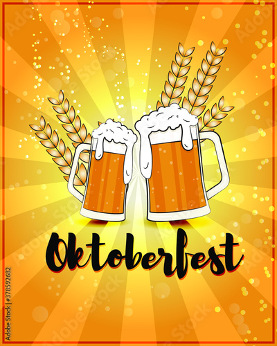 Vector greeting of oktoberfest festival, two beer mugs with wheat, party beer glasses, celebration, fest, october feastival vintage style vector illustration.