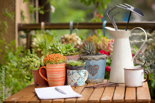 Morning coffee with relaxation on the balcony. Beautiful city terrace with many pots and vintage accessories.home office.
