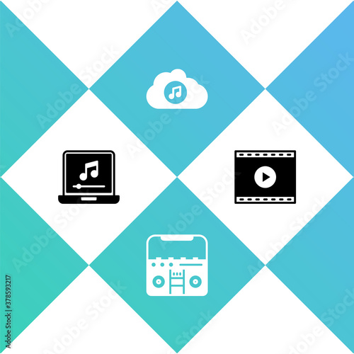 Set Laptop with music note, Home stereo speakers, Music streaming service and Online play video icon. Vector.