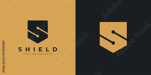 Security Logo. Black and Gold Geometric Shape Initial Letter S Shield Military Symbol isolated on Double Background. Usable for Business and Technology Logos. Flat Vector Logo Design Template Element.