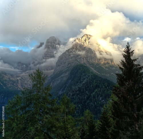 Brenta Dolomites in Trentino Italy Alps evening nice photo with clouds