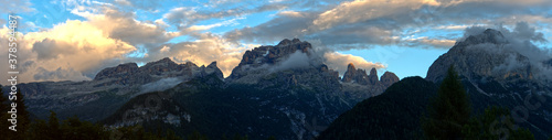 Brenta Dolomites in Trentino Italy Alps evening nice weather extra wide panorama