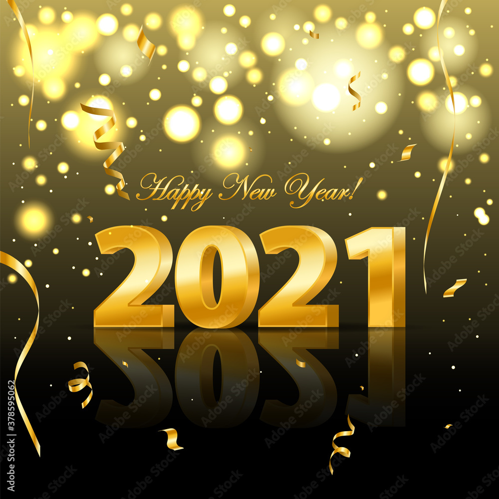 Realistic 2021 golden numbers and festive confetti, stars and spiral ribbons. Holiday decoration with sparkling tinsel particles. Happy New Year. Vector illustration EPS10 Realistic 2021 golden numbers and festive confetti, stars and spiral ribbons. Holiday decoration with sparkling tinsel particles. Happy New Year. Vector illustration EPS10