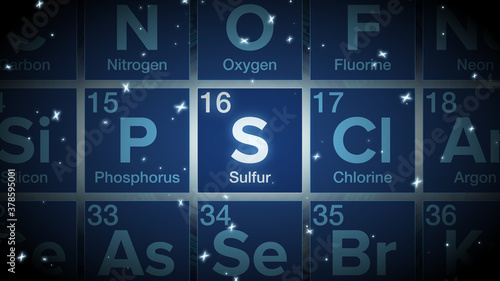 Close up of the Sulfur symbol in the periodic table, tech space environment.