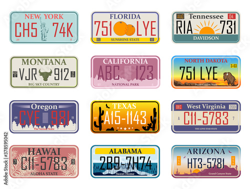 Car plates. Highway automobile license numbers old retro style vector signs collection. Automobile identifier, driving travel theme. Abstract USA states license plates.