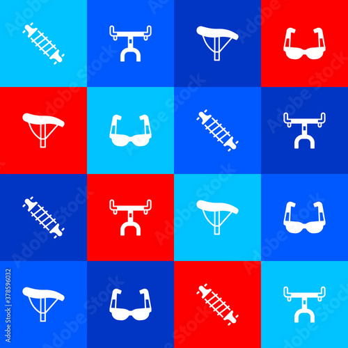 Set Bicycle suspension, handlebar, seat and Sport cycling sunglasses icon. Vector.