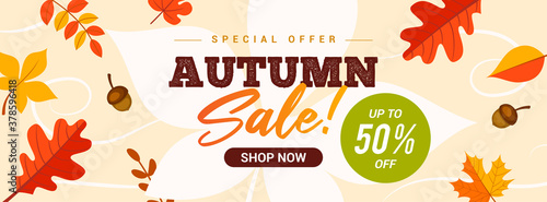 Autumn Sale Banner Vector illustration. Autumn leaves floating in the wind, flat design