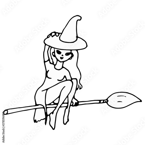 silhouette of beautiful witch with hat flying on a broomstick