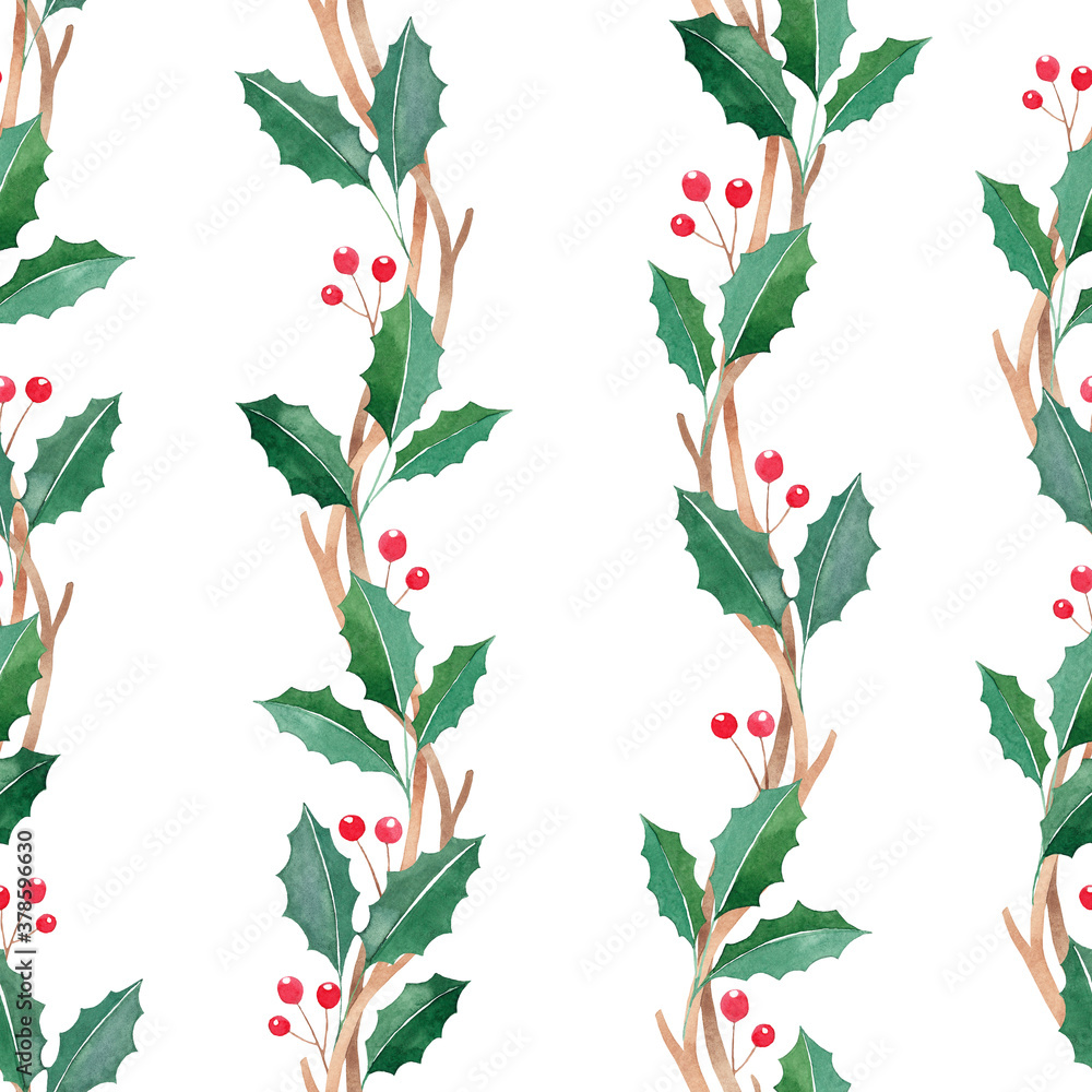Watercolor Christmas seamless pattern with red berries on a white background, New Year decoration background Watercolor Christmas seamless pattern with red berries on a white background, New Year decoration background