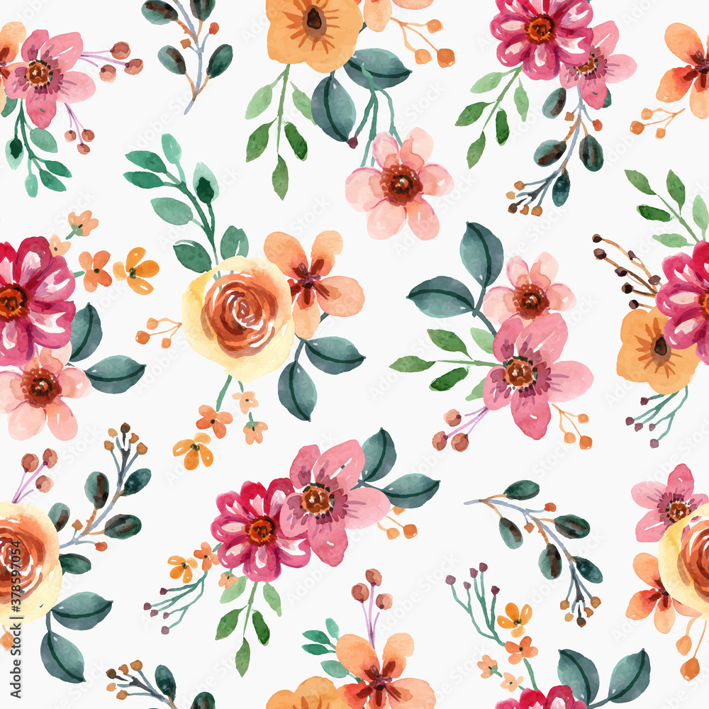  Yellow and Pink Pretty Floral Watercolor Seamless Pattern