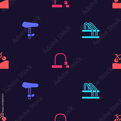 Set Bicycle parking, seat, lock and Mountain bicycle on seamless pattern. Vector.