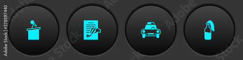 Set Stage stand or tribune, Petition, Police car flasher and Cocktail molotov icon. Vector.