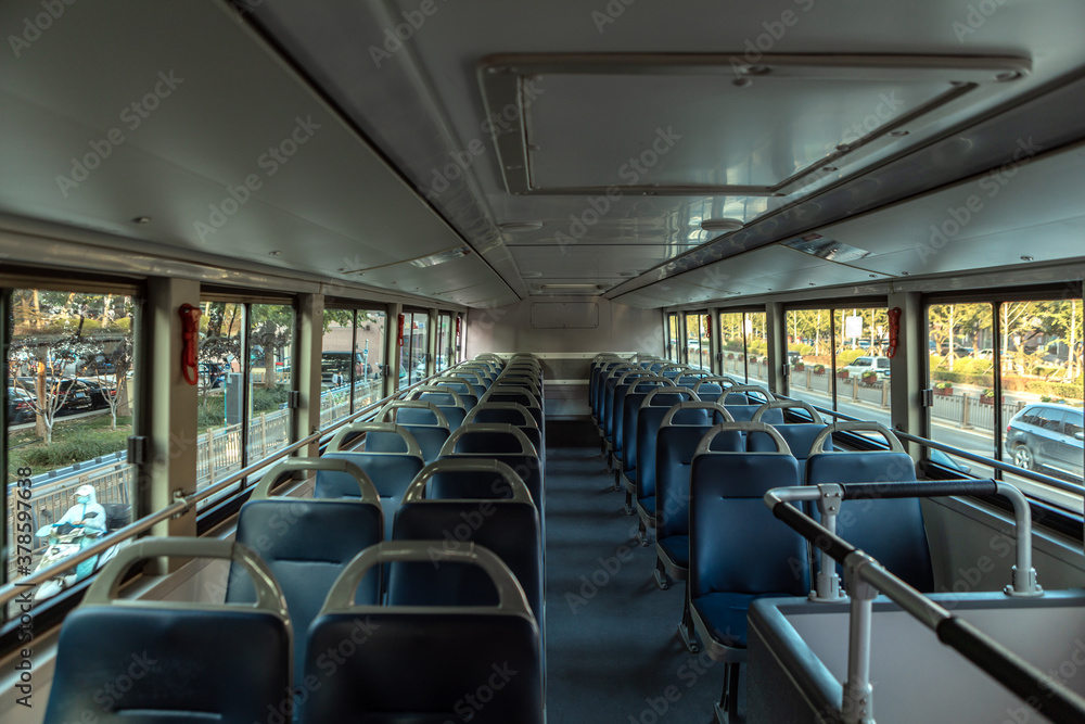 Interior of empty bus in Beijing, China. Public transport salon