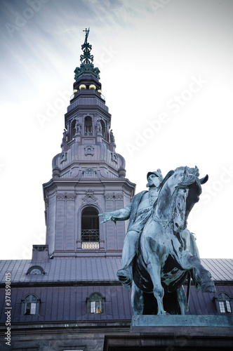 Copenhagen, Denmark -The equestrian statue of King Frederik VII in front of the Christiansborg Palace, created in 1873.