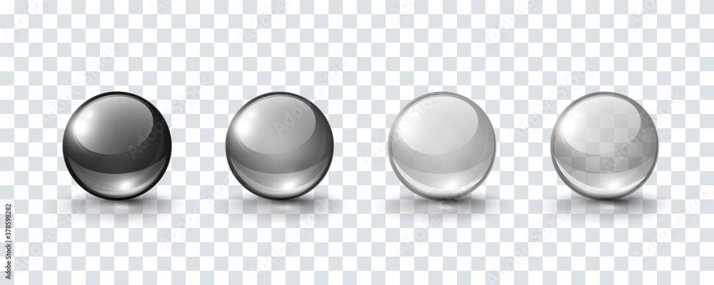 Glass ball set isolated on transparent background. Black, gray and translucent orbs,  3d spheres. Vector bubbles or round buttons with shadows - obrazy, fototapety, plakaty 