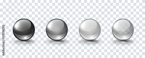 Glass ball set isolated on transparent background. Black, gray and translucent orbs,  3d spheres. Vector bubbles or round buttons with shadows