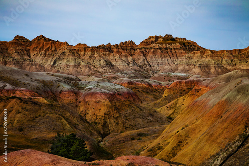 Landscape view of the Yellow Mounds and colorful, mountainous rock formations in Badlands National Park in South Dakota