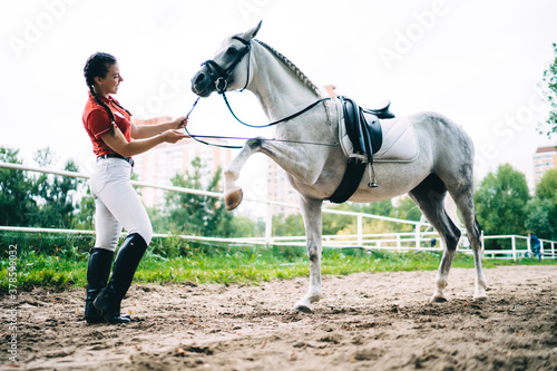 Smiling young woman training horse in paddock
