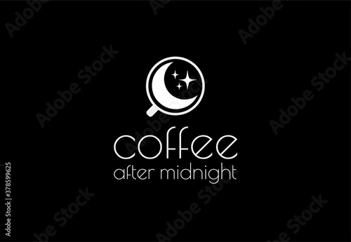 Vector logo Coffee after midnight. Moon and stars in a cup. Design for coffee products, cafes, restaurants