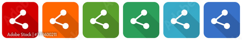 Share icon set, flat design vector illustration in 6 colors options for webdesign and mobile applications.