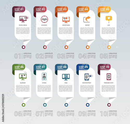 Infographic Social Media template. Icons in different colors. Include Like, Audience, Boosted Post, Feed and others.