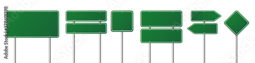 Road traffic signs set. Blank board with place for text. Mockup. Isolated green information sign. Direction. Vector illustration.