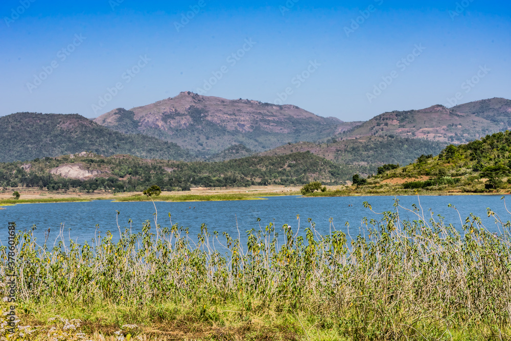 Awesome view of small lake  with shrub & bushes near bay of lake & a greenery mountain background.
